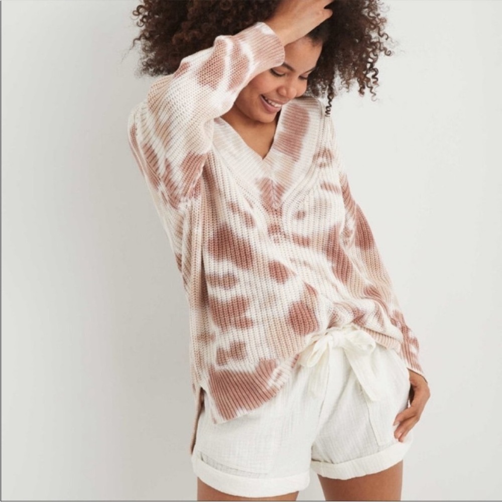 Aerie Wide Tie Dye V Neck Oversized Pullover Oatmeal Sweater,Size XS